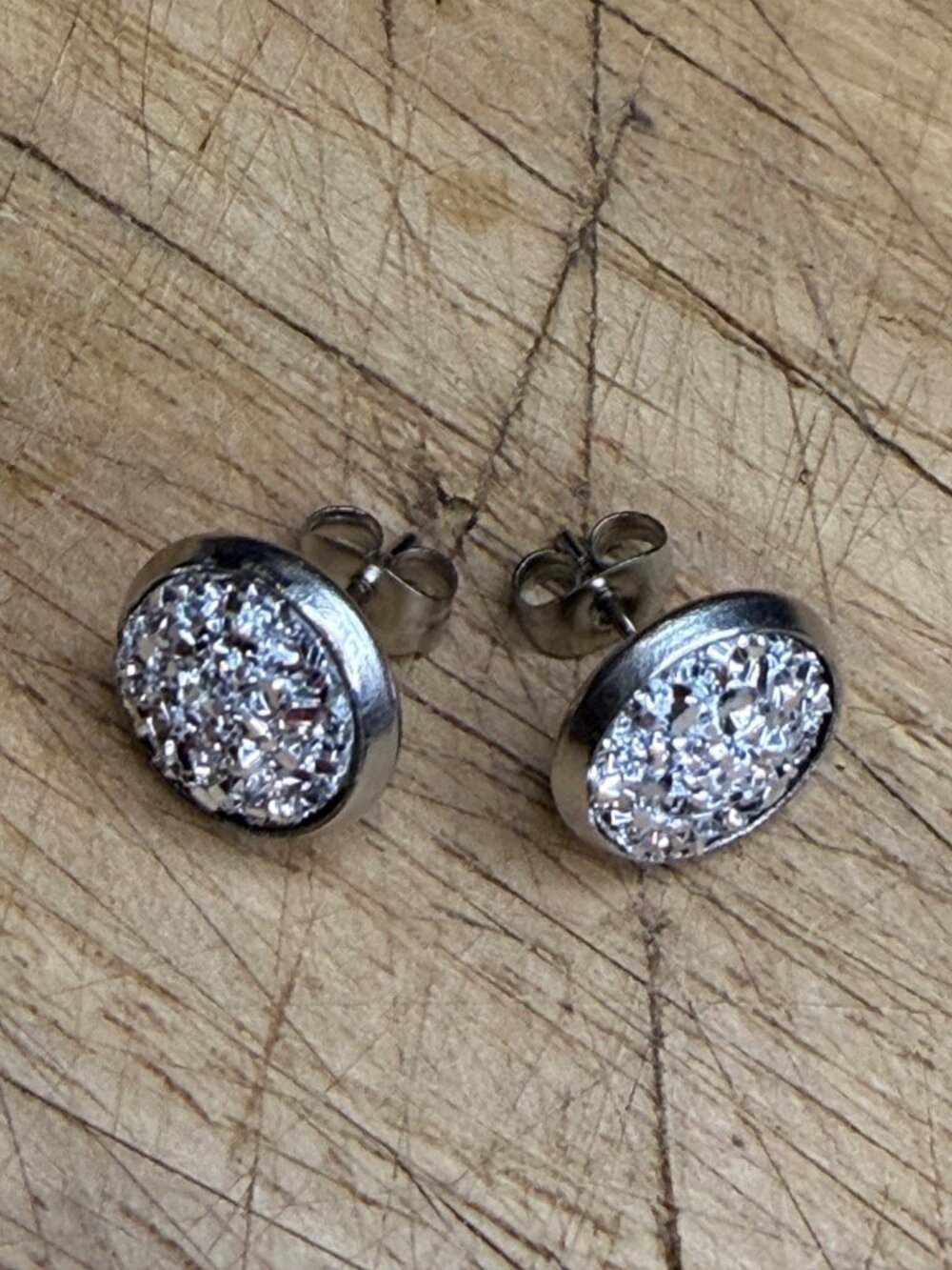 Silver-Tone Round Druzy Stud Earrings In Gift Box